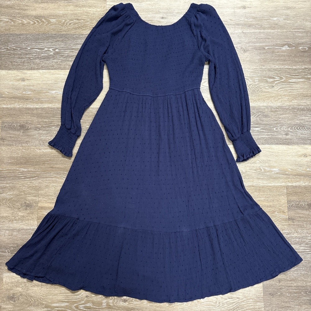 Baltic Born Lainey Smocked Bodice Swiss Dot Midi Dress Midnight Blue Size L - Picture 4 of 9